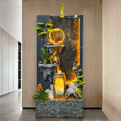 Tall Rectangular Indoor Water Fountain with Golden Spinning Wheel