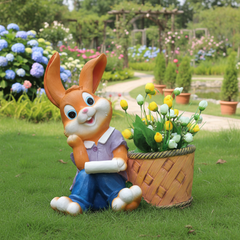 Relaxing Cute Sitting Bunny Resin Planter Pot with Basket for Garden