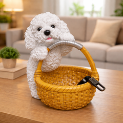 Cute Bichon Frise Basket Showpiece