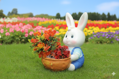 Flower Basket, White Ceramic Rabbit Statue