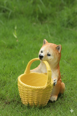 Garden Decorative Shiba Inu Dog Figurine with Yellow Basket