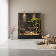Indoor Zen Garden Waterfall Fountain with LED Lights, Decorative Bonsai Tree Design, Black Base