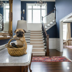 PUG DOG WITH BASKET