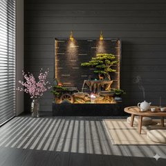 Indoor Zen Garden Waterfall Fountain with LED Lights, Decorative Bonsai Tree Design, Black Base