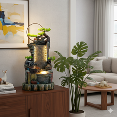 Tall LED Waterfall Indoor Fountain with Illuminated Stone Wall