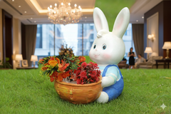 Flower Basket, White Ceramic Rabbit Statue