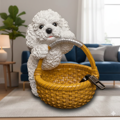 Cute Bichon Frise Basket Showpiece