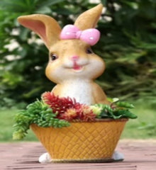 Garden Bunny Figurine, Decorative Rabbit with Pink Bow, Succulent Planter Basket