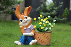 Relaxing Cute Sitting Bunny Resin Planter Pot with Basket for Garden