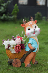 Charming Deer Boy Resin Planter Pot with Woven Basket Cart