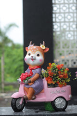 Decorative Fox Figurine in Pink Car, Purple Dress with Floral Bouquet