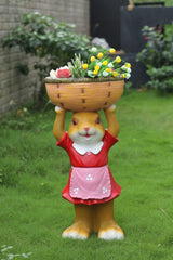 Garden Bunny Statue, Decorative Resin Rabbit Figurine with Red Dress, Pink Apron