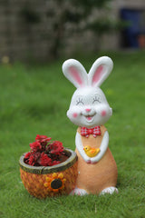 Easter Bunny Basket Decoration, White Plush Rabbit with Yellow Duck