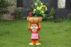 Decorative Rabbit Figurines with Flower Baskets, Orange and Red