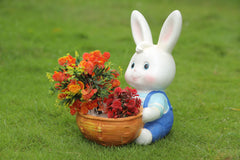 Flower Basket, White Ceramic Rabbit Statue