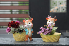 Decorative Garden Deer Figurines with Flower Baskets, Orange and Yellow
