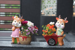 Garden Deer Figurine Set with Floral Planters, Decorative Outdoor Statues, Pink and Green Dress
