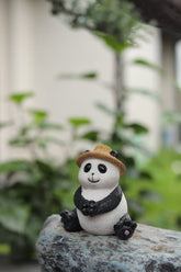 Decorative Panda Figurine with Straw Hat, Black and White