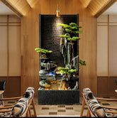 Zen Garden Wall Fountain, Black Stone with LED Lights, Cascading Waterfall Design