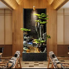 Zen Garden Wall Fountain, Black Stone with LED Lights, Cascading Waterfall Design