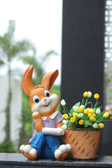 Relaxing Cute Sitting Bunny Resin Planter Pot with Basket for Garden