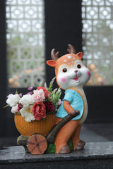 Charming Deer Boy Resin Planter Pot with Woven Basket Cart