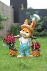 Decorative Rabbit Figurines with Flower Baskets, Orange and Red