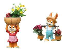 Decorative Rabbit Figurines with Flower Baskets, Orange and Red