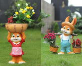 Decorative Rabbit Figurines with Flower Baskets, Orange and Red