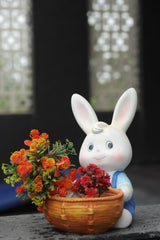 Flower Basket, White Ceramic Rabbit Statue