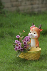 Decorative Garden Deer Figurines with Flower Baskets, Orange and Yellow