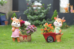 Garden Deer Figurine Set with Floral Planters, Decorative Outdoor Statues, Pink and Green Dress
