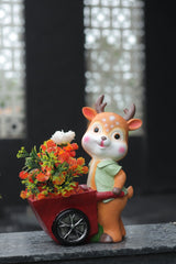 Garden Deer Figurine Set with Floral Planters, Decorative Outdoor Statues, Pink and Green Dress