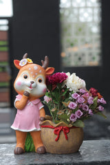 Garden Deer Figurine Set with Floral Planters, Decorative Outdoor Statues, Pink and Green Dress