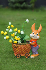 Decorative Flower Cart, Orange Resin Rabbit