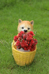 Garden Decorative Shiba Inu Dog Figurine with Yellow Basket
