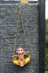 hanging Garden Ornament, Decorative Monkey on Banana Swing with Vine Rope, Brown and Yellow