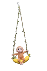hanging Garden Ornament, Decorative Monkey on Banana Swing with Vine Rope, Brown and Yellow