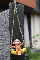 hanging Garden Ornament, Decorative Monkey on Banana Swing with Vine Rope, Brown and Yellow
