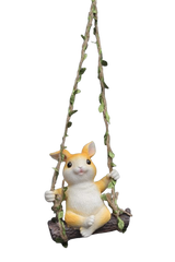 Garden Decor Hanging Bunny Ornament, White and Orange Resin Rabbit on Leaf Vine Swing