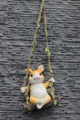 Garden Decor Hanging Bunny Ornament, White and Orange Resin Rabbit on Leaf Vine Swing