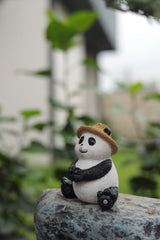 Decorative Panda Figurine with Straw Hat, Black and White