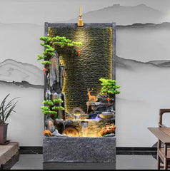 Decorative Waterfall with LED Lights, Deer Figurine, Artificial Plants