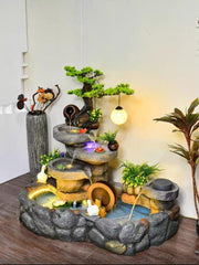 Decorative Indoor Fountain with Bonsai Tree, 3-Tier Stone Waterfall, LED Light