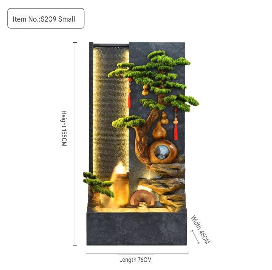 Decorative indoor water fountain with tree and rocks, featuring dimensions on a white background.