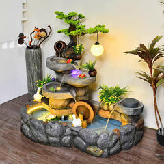Decorative Indoor Fountain with Bonsai Tree, 3-Tier Stone Waterfall, LED Light