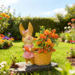 Garden Duck Figurine with Flower Basket, Orange and Pink
