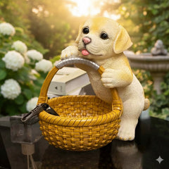 Labrador puppy with wicker basket