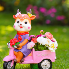 Decorative Fox Figurine in Pink Car, Purple Dress with Floral Bouquet
