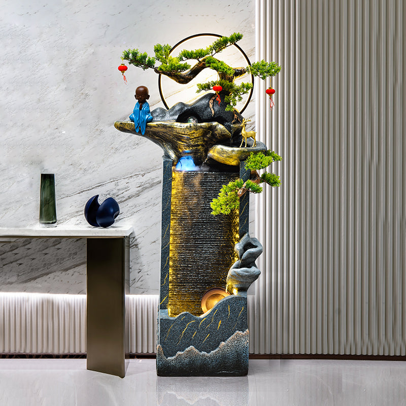 Meditating Monk & Bonsai Floor Fountain